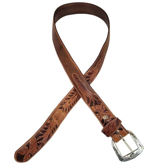 Tony Lama Brown Leather Floral Tooled Belt with Silver Buckle Top Hand - Picture 2 of 16